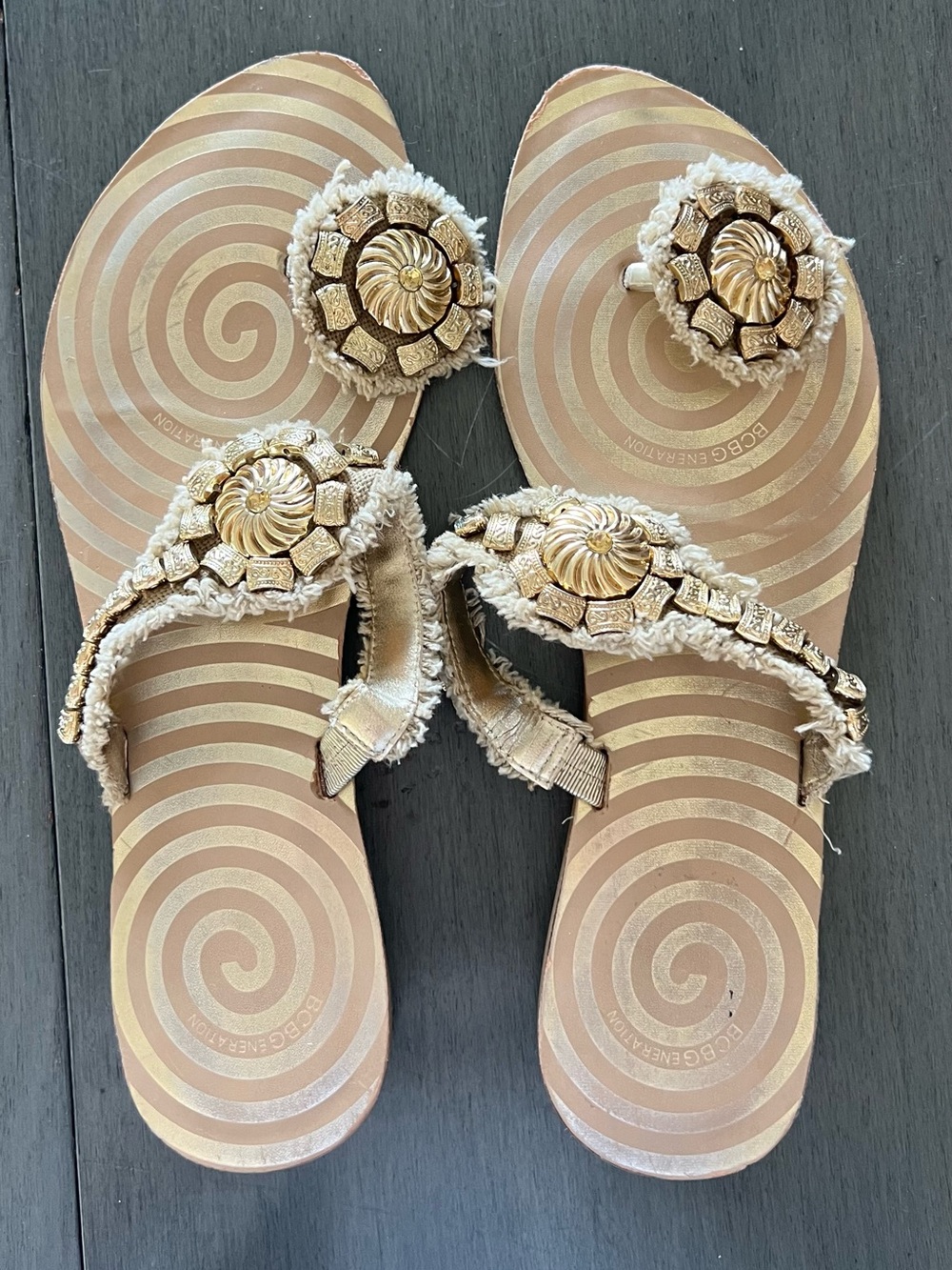 BCBGeneration Metallic Gold Jeweled Spiral Flip Flop Sandals